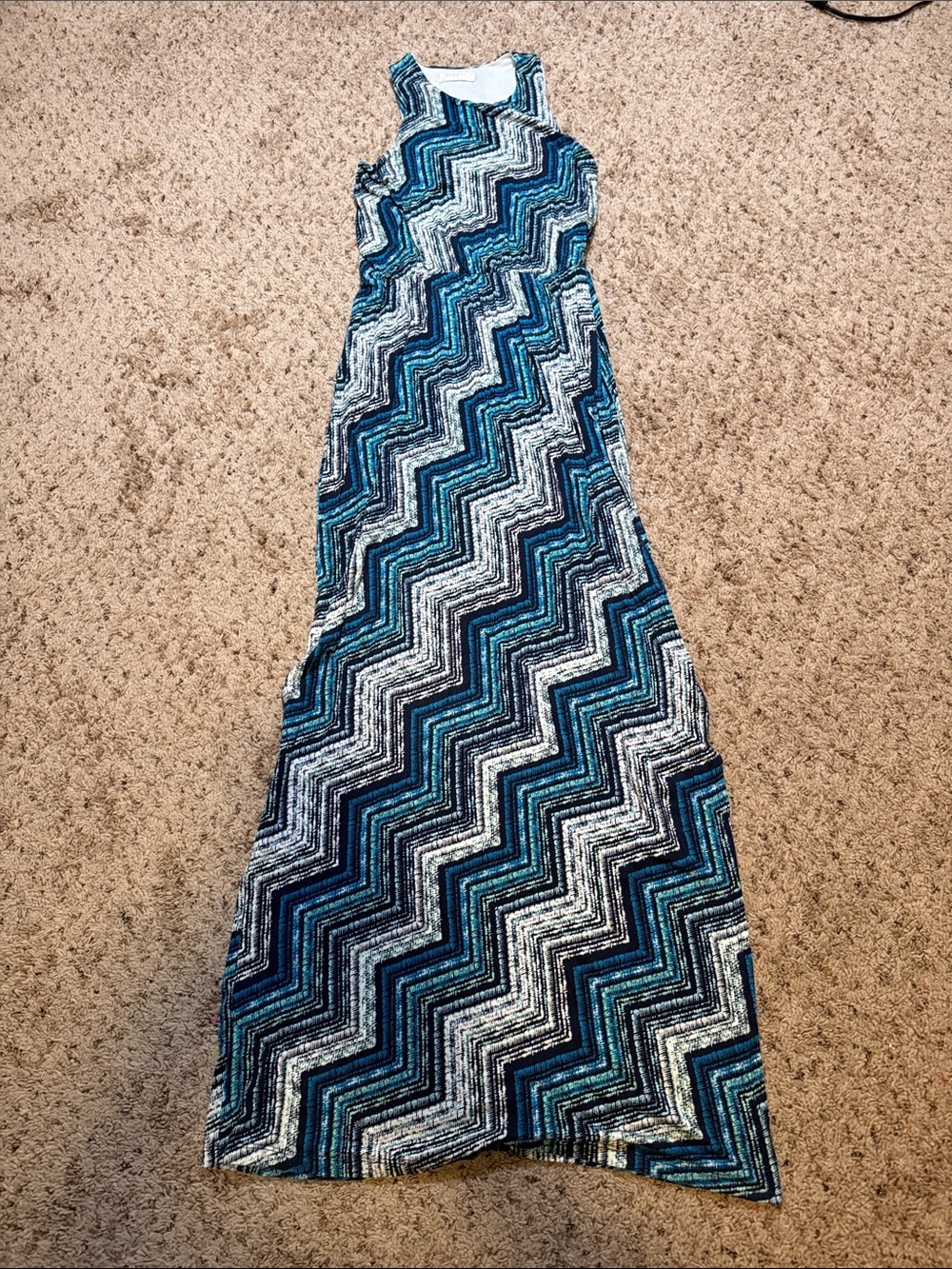 Renee C. Teal Navy White Chevron Maxi Dress